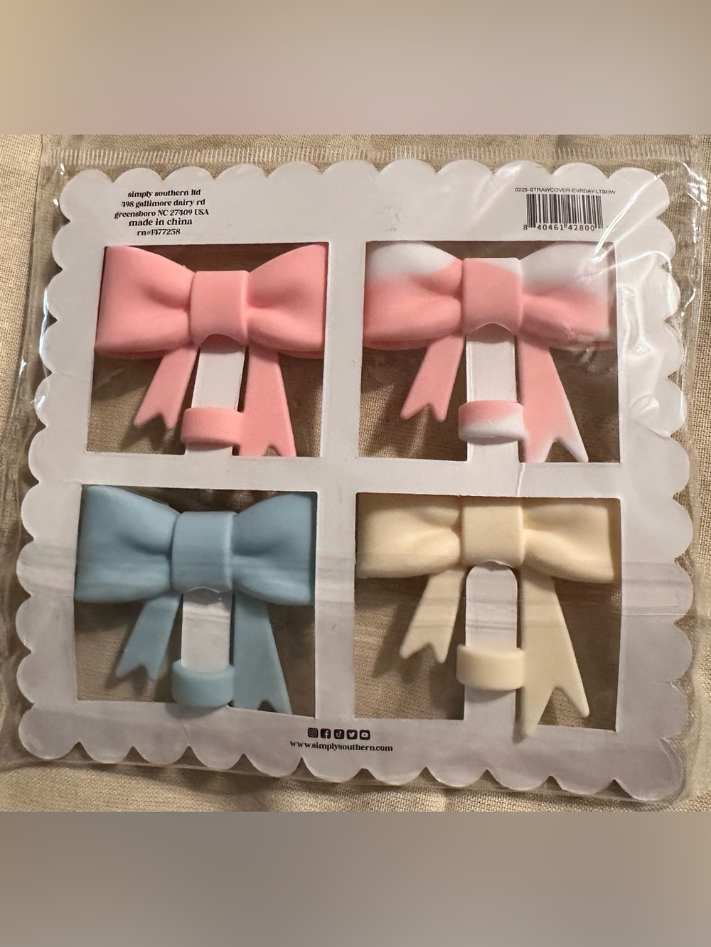 NWT Simply Southern Tumbler Straw Bow Covers-Light pink, yellow, cream, and blue